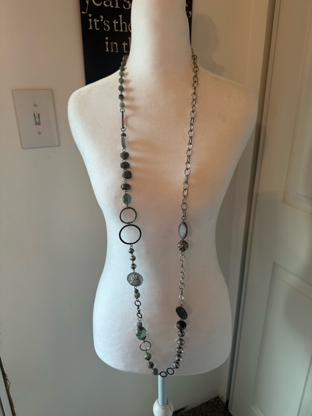 Long Beaded Silver-Tone and Green Statement Necklace
